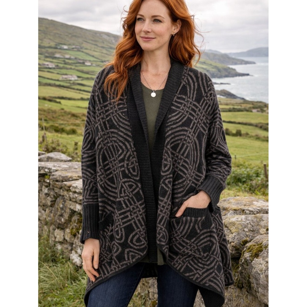 Margaret O'Leary Merino Cashmere Celtic Knot Open Front Cardigan Grey Black M